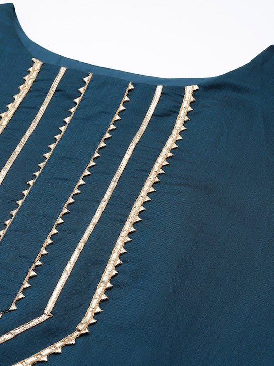 Women Blue Yoke Design Gotta Patti Chanderi Cotton Kurta with Trousers & With Dupatta - Inddus.com