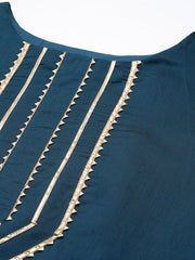 Women Blue Yoke Design Gotta Patti Chanderi Cotton Kurta with Trousers & With Dupatta - Inddus.com