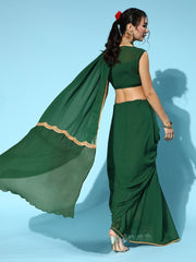 Women Bottle Green Solid Saree with Accordian Pleated Blouse & Pallu - Inddus.com