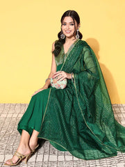 Women Bottle Green Woven Design Brocade Kurta with Trouser Dupatta - Inddus.com