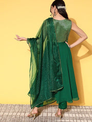 Women Bottle Green Woven Design Brocade Kurta with Trouser Dupatta - Inddus.com