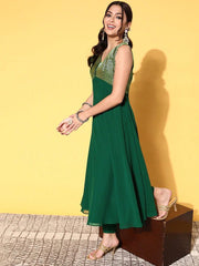 Women Bottle Green Woven Design Brocade Kurta with Trouser Dupatta - Inddus.com