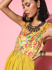 Women Bright Mustard Floral Ethereal Embroidery Dress - Inddus.com
