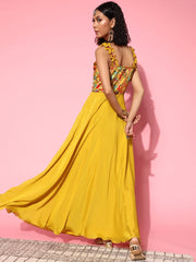 Women Bright Mustard Floral Ethereal Embroidery Dress - Inddus.com