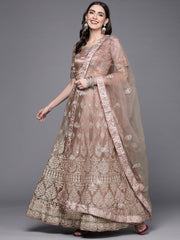 Women Brown Embroidered Semi-Stitched Lehenga & Unstitched Blouse With Dupatta - Inddus.com