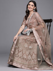 Women Brown Embroidered Semi-Stitched Lehenga & Unstitched Blouse With Dupatta - Inddus.com