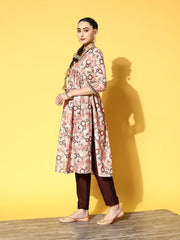 Women Brown Floral Printed Pleated Kurta with Trousers - Inddus.com