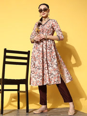 Women Brown Floral Printed Pleated Kurta with Trousers - Inddus.com