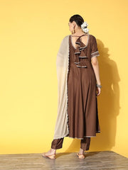 Women Brown Kurta with Trousers & With Dupatta - Inddus.com