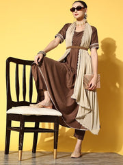 Women Brown Kurta with Trousers & With Dupatta - Inddus.com