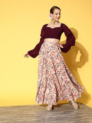 Women Brown & Orange Printed Top & Skirt - Inddus.com