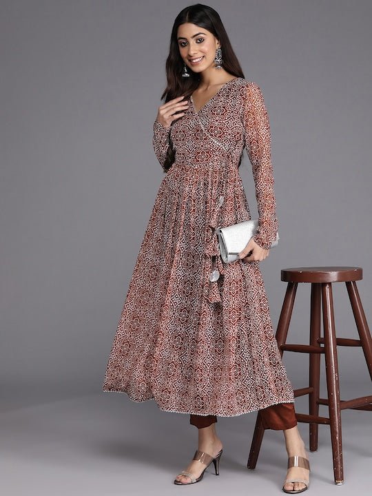 Women Brown & White Bandhani Printed Angrakha Kurta with Trousers - Inddus.com