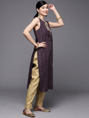 Women Burgundy & Gold-Toned Printed Kurta with Trousers - Inddus.com