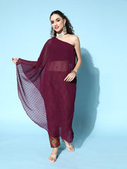 Women Burgundy Self Design Dobby Weave Fusion Kurta with Trousers - Inddus.com