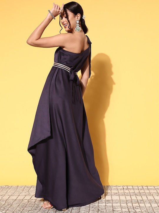 Women Charming Purple Polyester Belted Detail Ethnic Dress - Inddus.com