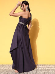 Women Charming Purple Polyester Belted Detail Ethnic Dress - Inddus.com