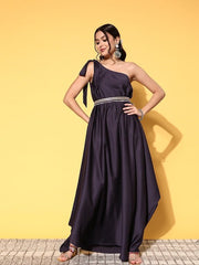 Women Charming Purple Polyester Belted Detail Ethnic Dress - Inddus.com