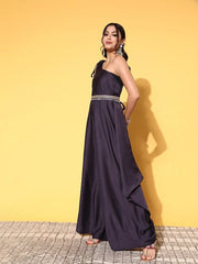 Women Charming Purple Polyester Belted Detail Ethnic Dress - Inddus.com