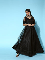Women Classic Black Ethnic Motifs Swirling Volume Dress - Inddus.com