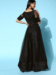 Women Classic Black Ethnic Motifs Swirling Volume Dress - Inddus.com