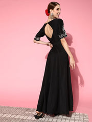 Women Classic Black Floral Ethereal Embroidery Dress - Inddus.com