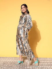 Women Classy Beige Polyester Adjustable Waistline Ethnic Dress - Inddus.com