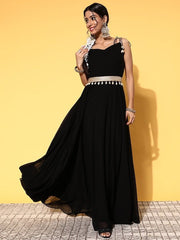 Women Classy Black Georgette Belted Detail Ethnic Dress - Inddus.com