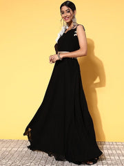 Women Classy Black Georgette Belted Detail Ethnic Dress - Inddus.com