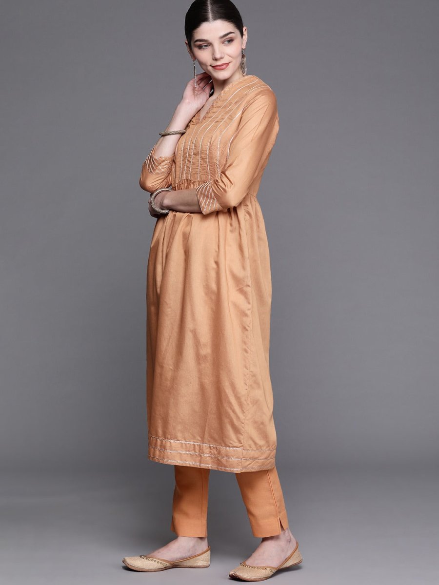Women Coral Yoke Design Chanderi Cotton Kurta with Palazzos & With Dupatta - Inddus.com