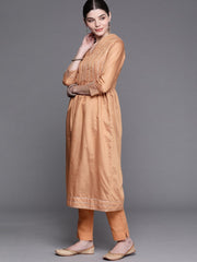 Women Coral Yoke Design Chanderi Cotton Kurta with Palazzos & With Dupatta - Inddus.com