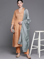 Women Coral Yoke Design Chanderi Cotton Kurta with Palazzos & With Dupatta - Inddus.com