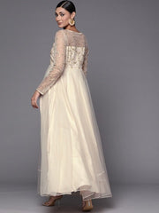 Women Cream-Coloured Floral Embroidered Net Maxi Dress - Inddus.com