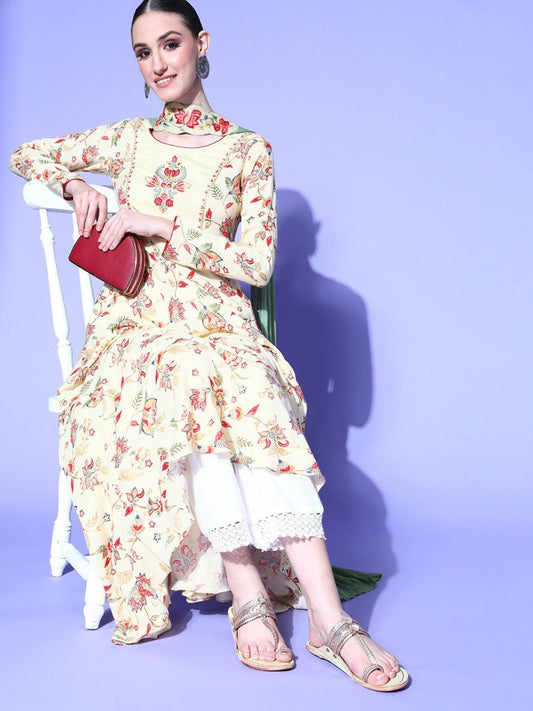 Women Cream-Coloured & Red Floral Embroidery Kalamkari Anarkali Kurta with Dupatta - Inddus.com