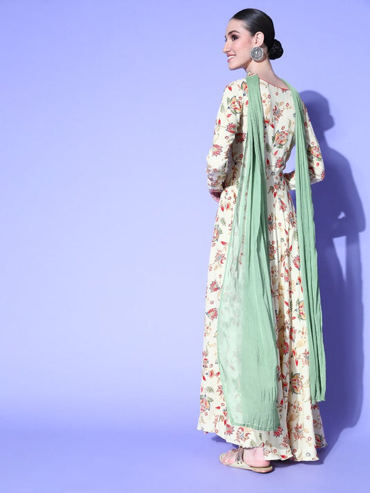 Women Cream-Coloured & Red Floral Embroidery Kalamkari Anarkali Kurta with Dupatta - Inddus.com