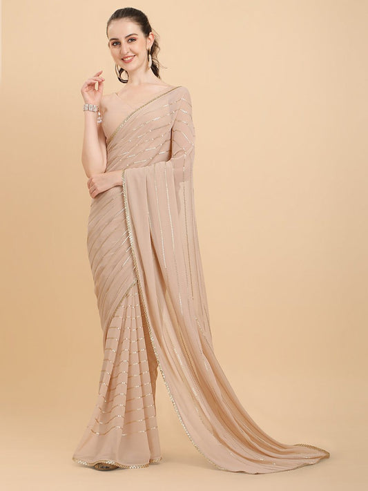 Women Cream Embroidered Georgette Saree with Blouse Piece - Inddus.com
