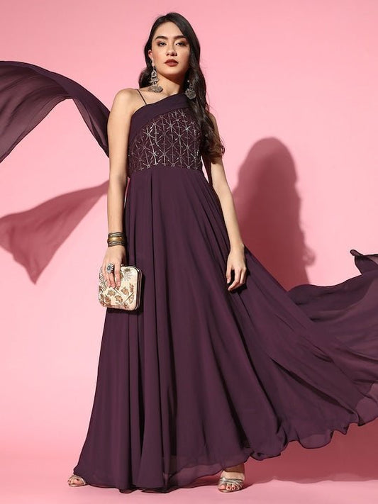 Women Deep Burgundy Sequins Embroidered Maxi Dress with Draped Dupatta - Inddus.com