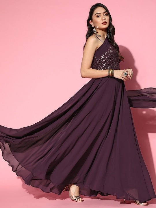 Women Deep Burgundy Sequins Embroidered Maxi Dress with Draped Dupatta - Inddus.com