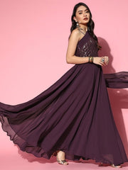 Women Deep Burgundy Sequins Embroidered Maxi Dress with Draped Dupatta - Inddus.com