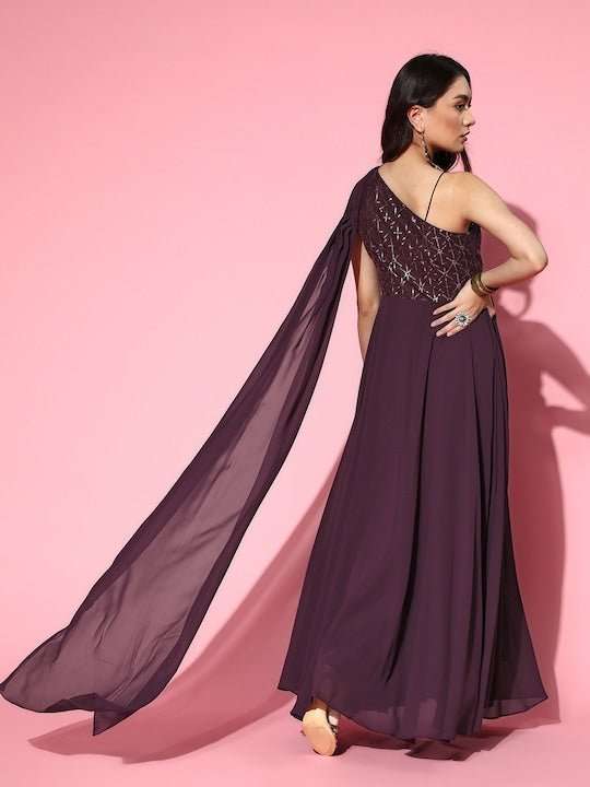 Women Deep Burgundy Sequins Embroidered Maxi Dress with Draped Dupatta Women Deep Burgundy Sequins Embroidered Maxi Dress with Draped Dupatta
