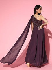Women Deep Burgundy Sequins Embroidered Maxi Dress with Draped Dupatta - Inddus.com