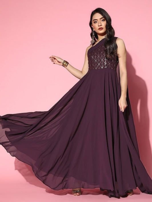 Women Deep Burgundy Sequins Embroidered Maxi Dress with Draped Dupatta - Inddus.com
