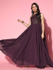 Women Deep Burgundy Sequins Embroidered Maxi Dress with Draped Dupatta - Inddus.com