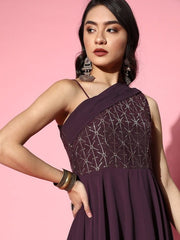 Women Deep Burgundy Sequins Embroidered Maxi Dress with Draped Dupatta - Inddus.com