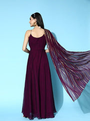 Women Deep Burgundy Striped Elevated Gown - Inddus.com