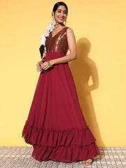 Women Deep Maroon Silk Ruffled Ethnic Dress - Inddus.com