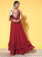 Women Deep Maroon Silk Ruffled Ethnic Dress - Inddus.com