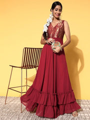 Women Deep Maroon Silk Ruffled Ethnic Dress - Inddus.com