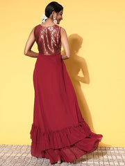 Women Deep Maroon Silk Ruffled Ethnic Dress - Inddus.com