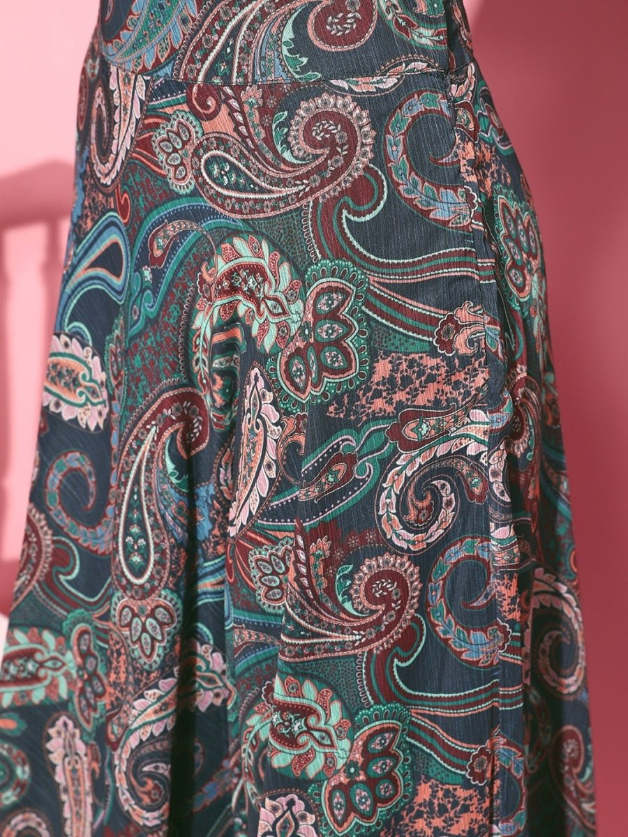 Women Deep Navy Blue Printed Top With Skirt - Inddus.com