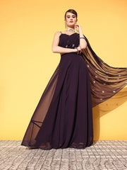 Women Deep Wine Embroidered Draped Dupatta with Top & Skirt - Inddus.com
